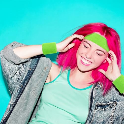 Image of Bememo 6 Pcs Neon Sports Sweatbands Set Sports Competitions Sweatbands 2 Headband 4 Wristbands Breathable Terry Cloth Athletic Bands for Team Soccer Spirit 80s Costumes Cosplay