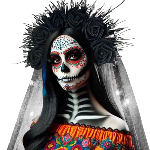 LaVenty mexicana flor preta banda frente tocado dia dos mortos festa acessório cinco de maio roupa festiva