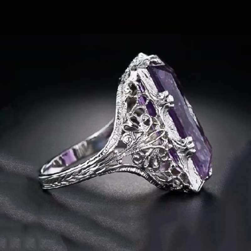 ASFKIPMF 925 Silver Large Amethyst Gem Band Ring Rectangle Shape 3Ct Cubic Zirconia Promise Rings Set CZ Halo Ring Eternity Engagement Wedding Band Ring Sets for Wome Size O