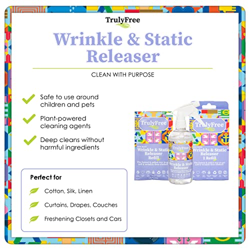 Truly Free Wrinkle & Static Releaser - Wrinkle Release for Clothes, Linen, & Sheet Fabrics - Static Guard Spray - Plant-Based - 1 Pouch 3oz Refill with 12oz Reusable Empty Spray Bottle