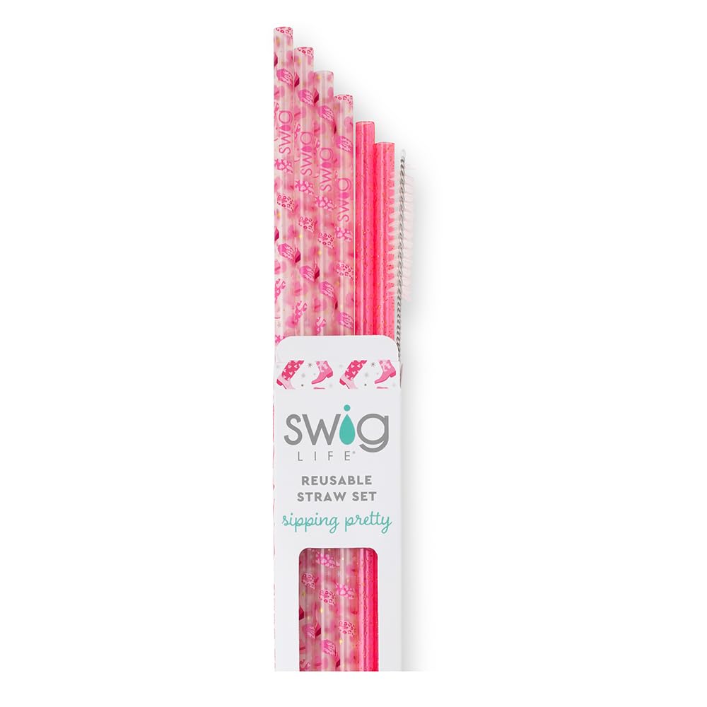 Set Cannucce Riutilizzabili Swig Life - 6 Pezzi Con Spazzola - Lake Girl + Aqua Glitter - Lunghe 26 Cm