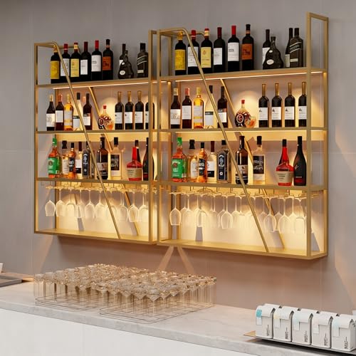 Casier à vin mural LED doré 80cm avec support de verres suspendus