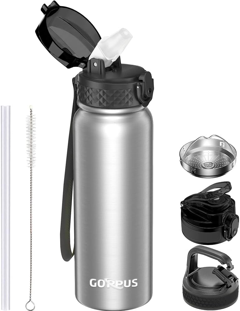 600ml/20oz Stainless Water Bottle with Straw Double Wall Insulated Bottles with Strap One Hand Open Vacuum Thermal Flask Leakproof Keep Cold Drinks Bottles with Flip Top Lid BPA Free for Adults
