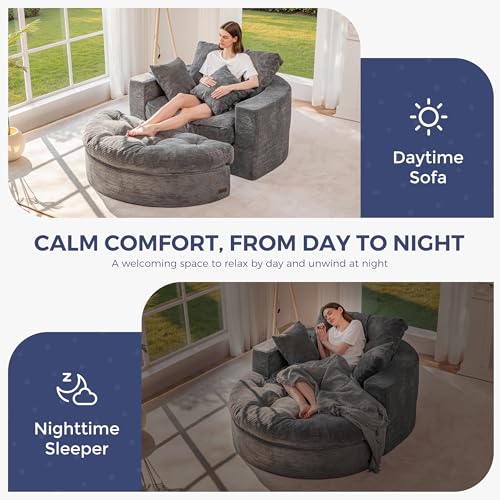 Image of MAXYOYO Modular Sectional Chaise Lounge Sofa, Round Upholstered Lounge Chair with Ottoman, Comfy Couch with Layered Cushion, Tufted Sleeper Chair for Living Room, No Assembly, Dark Grey
