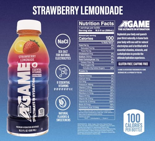 A-GAME Sports Drink, Strawberry Lemonade, The Ultimate Hydration Sports Beverage for Athletes, 8 Essential Vitamins including B, C, & E plus Natural Sea Salt Electrolytes, All Natural Flavors & Sweeteners, Gluten Free, 16.9 Fl Oz (Pack of 12)