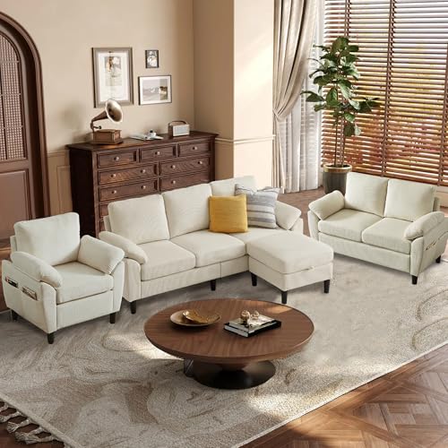 Image of 4 Piece Modern Corduroy Sofa Set, L-Shaped Sectional Couch with Storage Ottoman, Loveseat & Single Arm Chair, Side Storage Pockets, Removable Cushions for Living Room Apartment