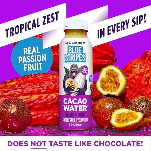 Image of Blue Stripes Passion Fruit Cacao Water - Hydration Drink with Natural Electrolytes & Antioxidants | Cold Pressed Cacao Juice, Fruit Juice & Water | No Sugar Added & Plant Based | 10 Fl Oz (6 Pack)