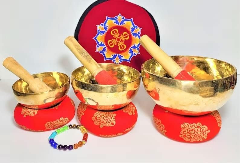 Lot de 3 bols chantants tibétains - Fait à la main - Vibrations apaisantes - Pour la méditation et la guérison