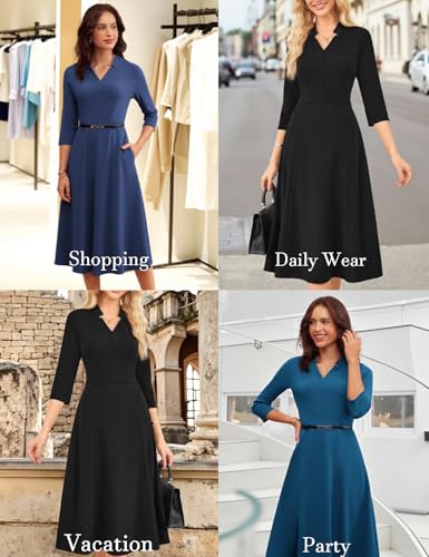 GRACE KARIN Work Dresses for Women 2025,Midi Business Dress,3/4 Sleeve Classy Fit and Flare Dress with Pocket3
