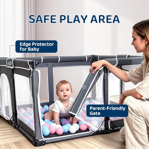 Image of 71x59 Foldable Baby Playpen with Mat, Portable Playard, 1-Min Setup