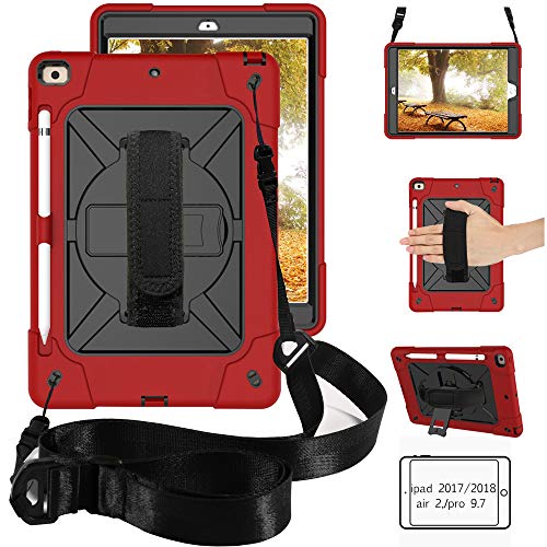 Junfire Schutzhülle für New iPad 2018/2017, ipad air 2 Hülle mit Stifthalter, Handgurt Cover, 360 Grad Drehung mit Ständer, 3 Layer Hybrid Heavy Duty Stoßfest Hülle für ipad pro 9.7-Rot