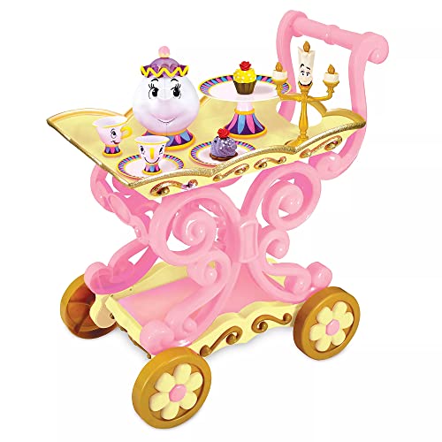 Disney Store Carrito de té oficial de la Princesa Belle, La Bella y la Bestia, 11 piezas, juego incluye carro, tetera Mrs Potts, platos, taza de chips, pasteles y portavelas Lumiere cantando, adecuado