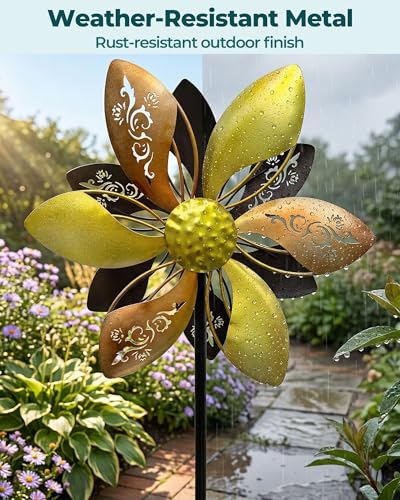 Image of Double-Sided Metal Wind Spinner for Yard, 37 inch Kinetic Garden Decor | Weather-Resistant Finish, Smooth Spinning Motion, Sturdy 5-Prong Stake, Quick Assembly, Ideal for Lawns, Gardens, and Patios