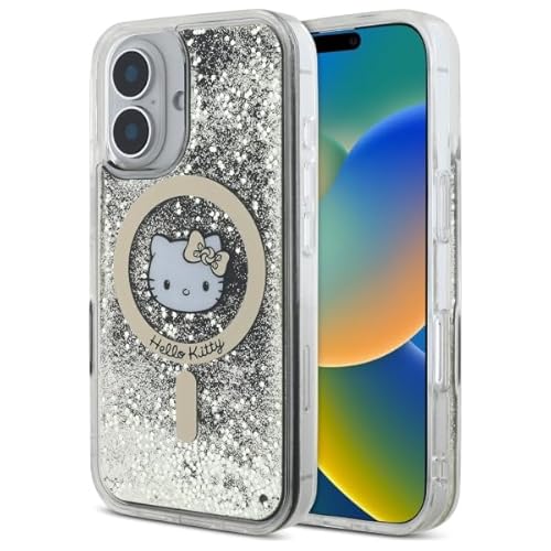 CG MOBILE Hello Kitty HKHMP16SLGDIK - Custodia per iPhone 16 da 6,​1", colore: Nero e oro