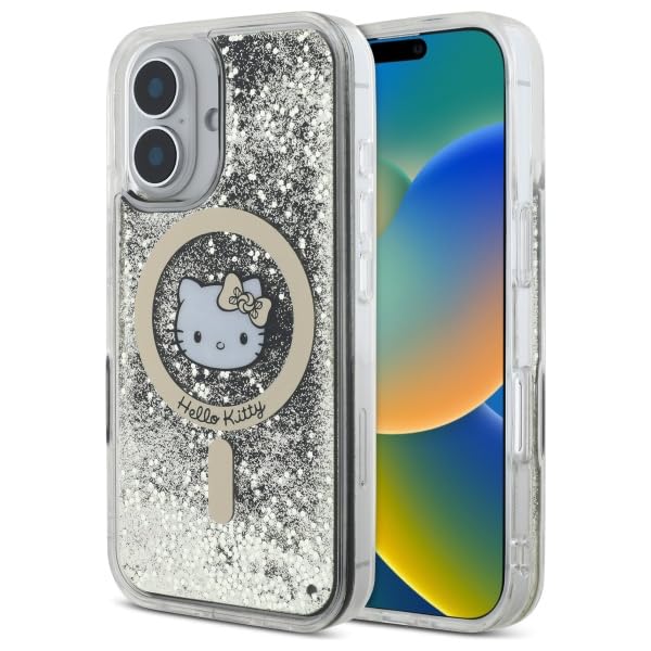 CG MOBILE Hello Kitty HKHMP16SLGDIK Coque de protection pour iPhone 16 6,1" Motif plume liquide et paillettes noires et dorées