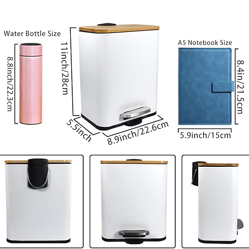 Miniatura 9 de Cubo de basura pequeño con tapa de bambú cierre suave y pedal de pie cubo de basura rectangular de 13 gal5 litros con cesta de basura interior para