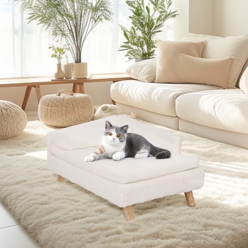BingoPaw Luxus katzensofa Haustiersofa mit Rückenlehne Plüsch Kissen Holzbeinen, Hundesofa für kleine Hunde, Relaxsessel katzensessel für große Katzen, 70x40x39cm Beige