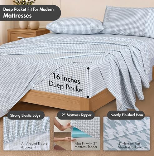 Image of RUVANTI 100% Cotton Percale Sheets Full Size, Houndstooth | Crisp Cooling, Deep Pocket 16 inch, Soft Breathable & Durable, Hotel-Style 4 Piece Set, For Hot Sleepers