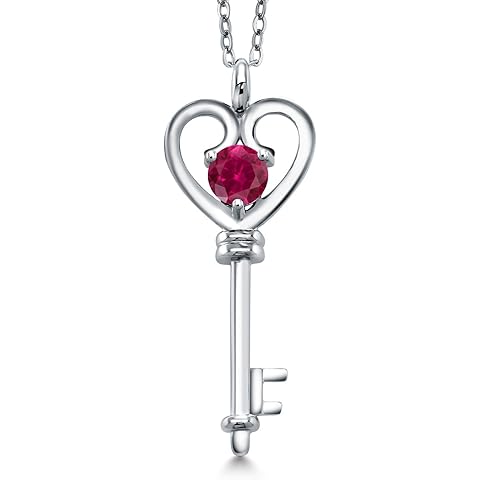 Gem Stone King Heart Key Pendant Necklace For Women In 925 Sterling Silver | Round 5MM | Gemstone Birthstone | Mom Wife Birthday Anniversary Graduation Gifts | With 18 Inch Silver Chain