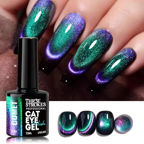 Image of THR3E STROKES Cat Eye Gel Nail Polish Set for Pink Brown Glitter Holographic Cat Eye, Salon Gel Manicure and Nail Art DIY at Home, Bright Moonlight (COMET)