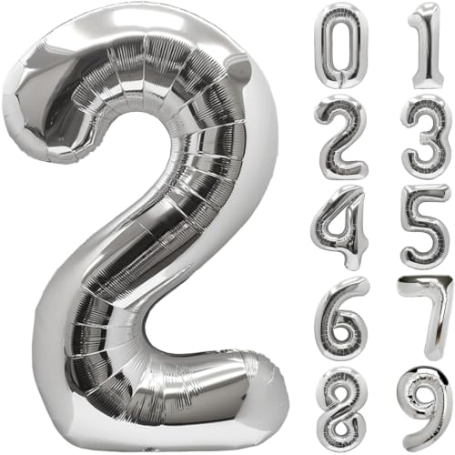 Image of Number Balloons Silver Party Balloon - Giant Number 2 Balloon, 40 Inch Large Balloon for Birthday Decorations, Silver Party Supplies for Anniversary