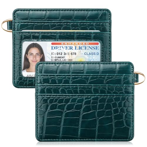 Image of Slim Credit Card Holder Crocodile Wallet Women Thin Wallets | Alligator Print RFID Blocking Minimalist Lightweight Pocket Small Cute Cards Holders, Dark Green Croc