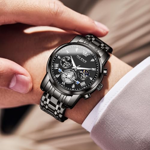 Image of OLEVS Men Watches Stainless Steel Chronograph Watch, Large Wrist Analog Quartz Watch, Fashion Waterproof Diamond Roman Numerals Dress Watches for Men, Gold /Black /White /Blue /Grey Dial