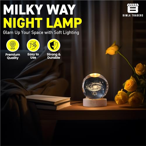 Image of 3D Milky Way Ball Night Light with Wooden Base for Home Decor, Living Room, Bedrooms Ornament