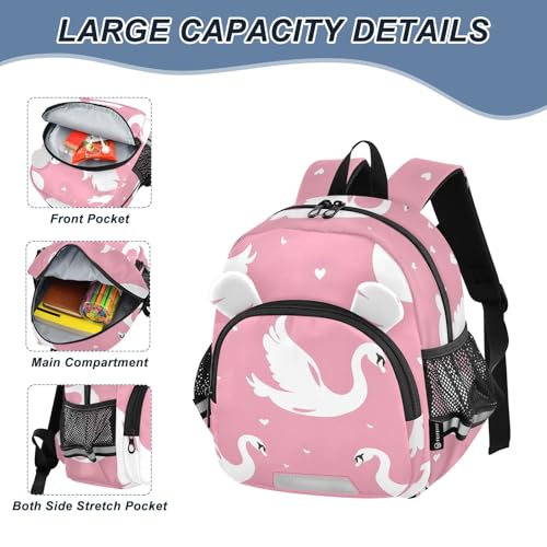 Kid's Backpack for Boys & Girls Toddler Bag Pink Background White Swans and Hearts Pattern Backpack with Safety Leash4