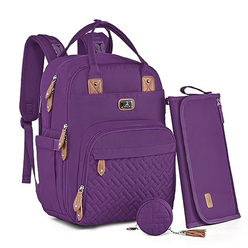 Image of Dikaslon Diaper Bag Backpack with Portable Changing Pad, Pacifier Case and Stroller Straps, Large Unisex Baby Bags for Boys Girls, Multipurpose Travel Back Pack Moms Dads, Purple