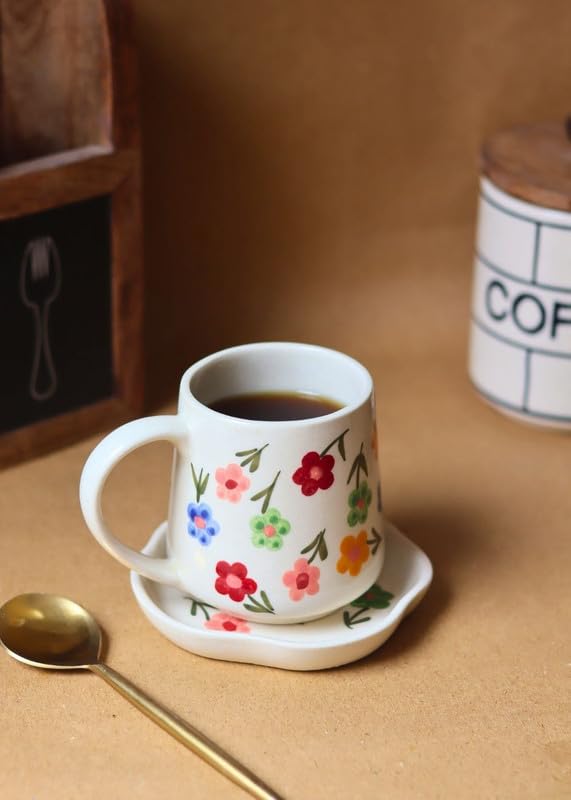 Image of WEAVING HOMES Handcrafted Ceramic Floral Blossom Mug & Dessert Plate (Set of 2, Multicolor) - Coffee Mugs and Dessert Plates for Birthday Gifts, Mugs for Office and Travel