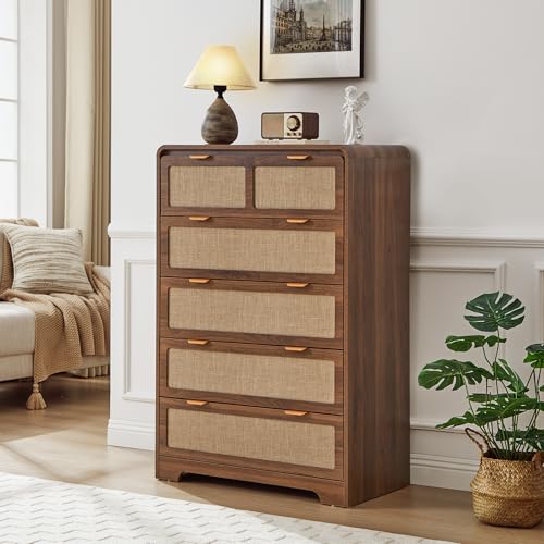Image of 43 inch Tall Dresser for Bedroom, 5 Drawer Mid Century Modern Dresser with Natural Linen, Curved Wood Chest of Drawers Closet Clothes Storage Organizer for Living Room, Hallway (Walnut)