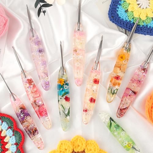 Image of Katech 3.5mm Crochet Hook for Arthritic Hands,Hand-Polished Stainless Steel | Ergonomic Crochet Hooks with Customized Sparkle Dried Floral Grip, Smooth Tapered Hook-Crochet Gift for Beginner & Crocheter