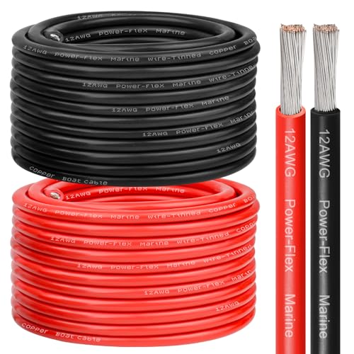 12 Gauge Marine Wire, 12 AWG Tinned Copper Electrical Wire, Boat Cable for Automotive, Solar, Car Audio, Trailer, Camper & Marine Wiring(12 AWG, 100FT Red + 100FT Black)