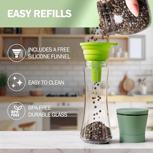 Image of Home EC Premium Green Sea Salt and Pepper Grinder Set of 2 - Adjustable Ceramic - Tall Glass Salt and Pepper Shakers - Kitchen Pepper Mill & Salt Mill W /Funnel & EBook