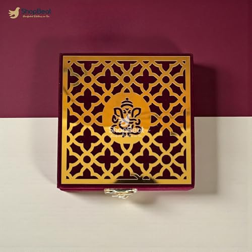 Image of Handcrafted Velvet Jewellery Box, Ganpati Ji Design, Red, 4x4 | Wooden Base, Decorative Organizer, Ganesh Motif, For Puja Festive Wedding Gifting
