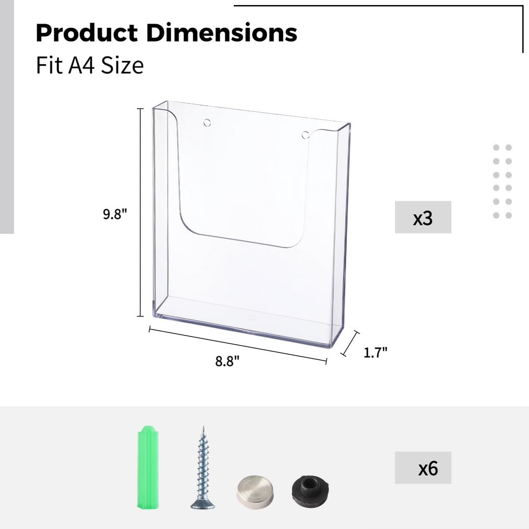 3-teiliges Flyerhalter-Set für A4-Dokumente, Wandmontage, transparentes Acryl, 22,4 x 24,9 cm, für Hotels, Einzelhandel und Ausstellungen