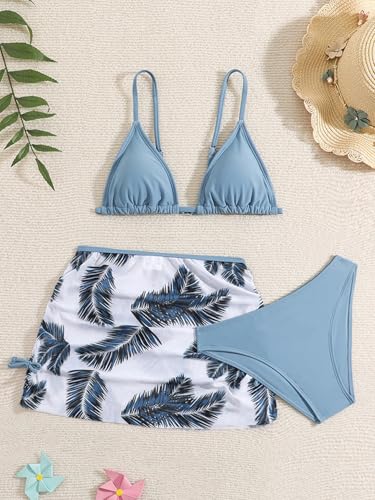 Image of Girl's 3 Piece Sets Floral Print Bikini Swimsuit High Waisted Bathing Suits with Beach Skirt Coverups Blue Coconut Leaves 160