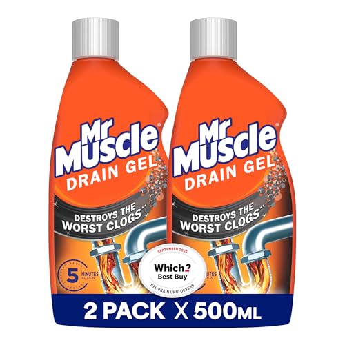 Mr Muscle Drain Unblocker Liquid (2 x 500ml) Sink & Drain Cleaner Strong & Fast Acting Heavy Duty Drain Gel Dissolves Clogs Safe for All Pipes