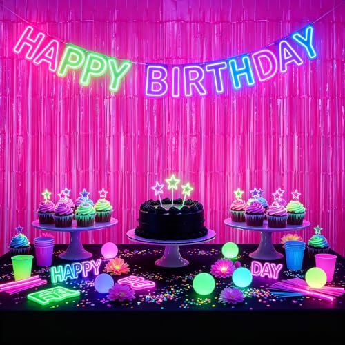 Image of TONIFUL 2Pcs Fluorescent Pink Metallic Tinsel Foil Fringe Curtain Streamer | 3.3ftx6.6ft Neon Pink Backdrop Door Streamer for Black Light Bachelorette Baby Shower Girls Birthday Glow Party Decorations