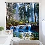 Waterfall Shower Curtain Misty Forest Tropical Rainforest Jungle Green Tree Fog Sunlight Spring Landscape Summer Nature Scenery Polyester Fabric Bathroom Decor Set with Hooks 70W x 70H Inch