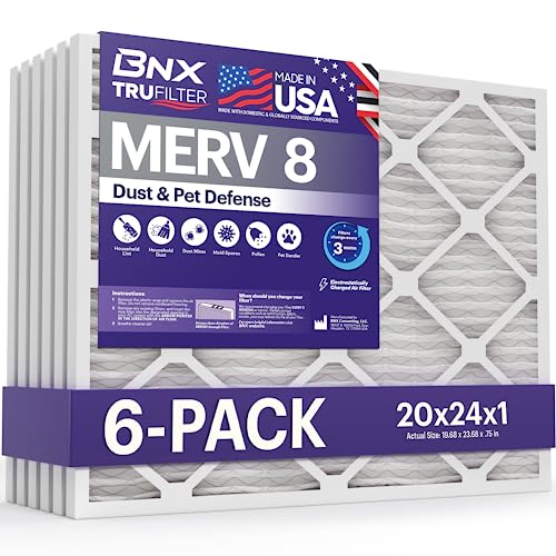 BNX TruFilter 20x24x1 Air Filter MERV 8 (6-Pack) - MADE IN USA  Dust & Pet Defense Electrostatic Pleated Air Conditioner HVAC AC Furnace Filters for Dust, Pet, Mold, Pollen MPR 600  700 & FPR 5