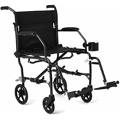 Medline Ultra Lightweight Transport Wheelchair for Adults, Foldable, 19-Inch Seat Width, Black Frame, Black Upholstery