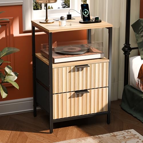 Image of VINGLI Night Stand with Charging Station and Fabric Drawers, Fluted Nightstand Oak with 2 Drawers, Bed Side Table /End Table for Bedroom, 14.96 inch W*11.81 inch D*23.78 inch H