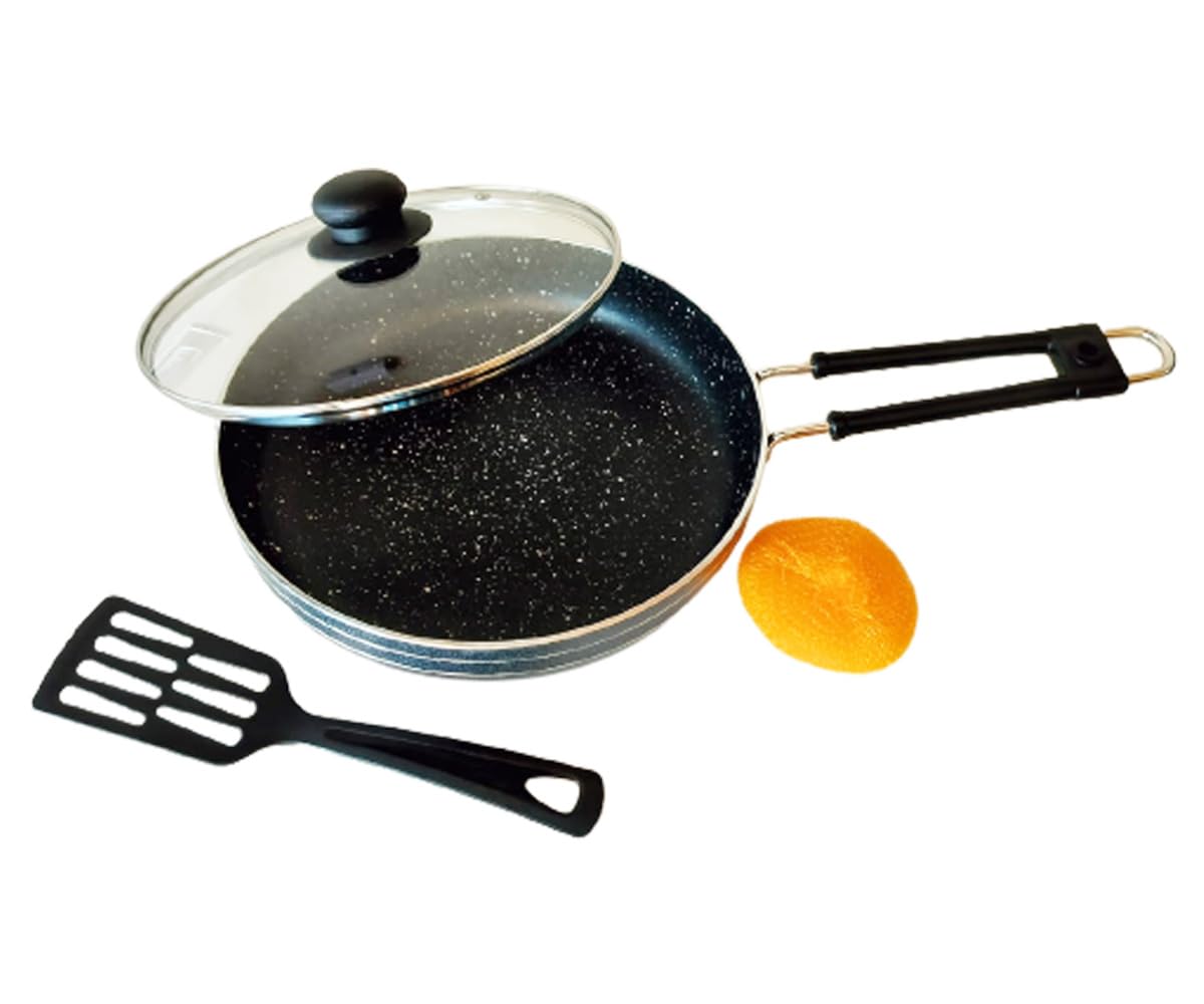 Satre Online and Marketing Induction Fry Pan with Glass Lid, ALuminium Fry Pan, Non Stick, Riveted Handel - Black