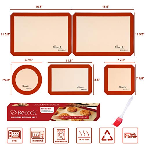 RENOOK Silicone Baking Mats Set of 5-2 Half Sheets Mats + 1 Quarter Sheet Liner + 1 Round & 1 Square Cake Pan Mat - 100% Non-Stick Reusable Food Safe Liners & Silicone Brush- Macaron, Pastry, Cookie - Thumbnail 2