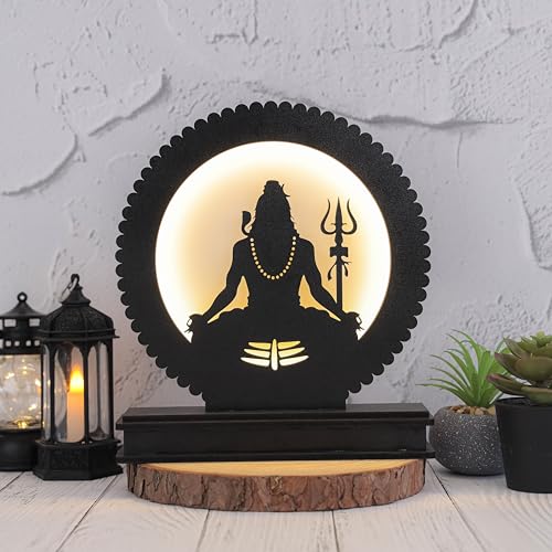 Image of Lord Shiva LED Backlit Table Lamp, Spiritual Shiva Silhouette for Meditation, Touch-Activated Ambient LED Backlight, MDF Wood & Acrylic, Natural, 8.25 inch H x 7.75 inch W