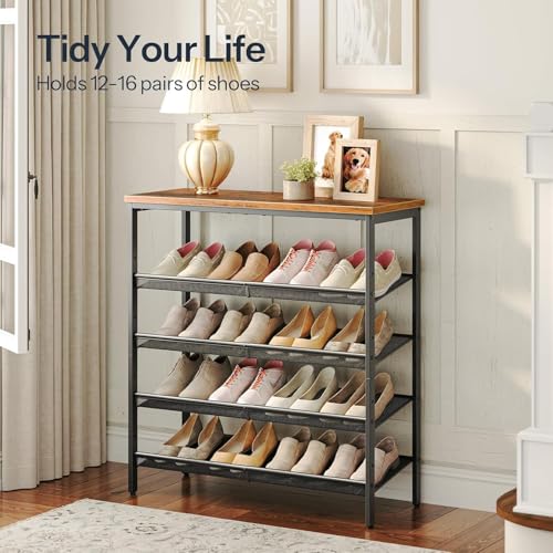 Shoe Rack for Entryway and Small Spaces, 5-Tier Shoe Organizer with Adjustable Mesh Shelves, 16-20 Pairs of Shoes, Spacious Floor Mount, Metal, Industrial, Shoe Shelf for Closet