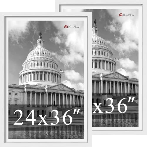 KissNow 24x36 Poster Frame, White Solid Wood, 2 Pack, Wall Hanging for Art