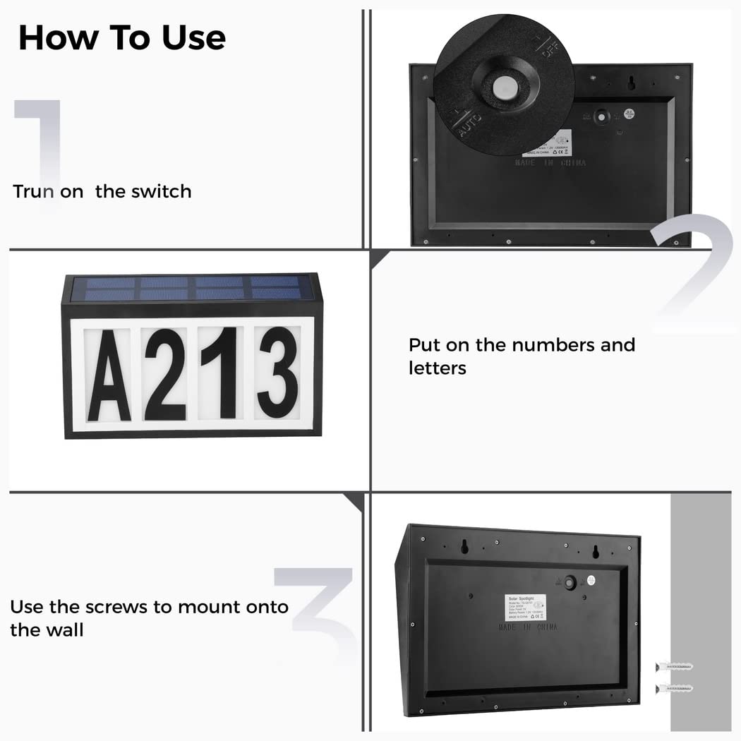 Numeri civici con luce per indirizzi, a energia solare, set di targhette a LED, impermeabile, per parete, porta, garage, recinzione, cortile, batteria ricaricabile, numeri e lettere fai da te